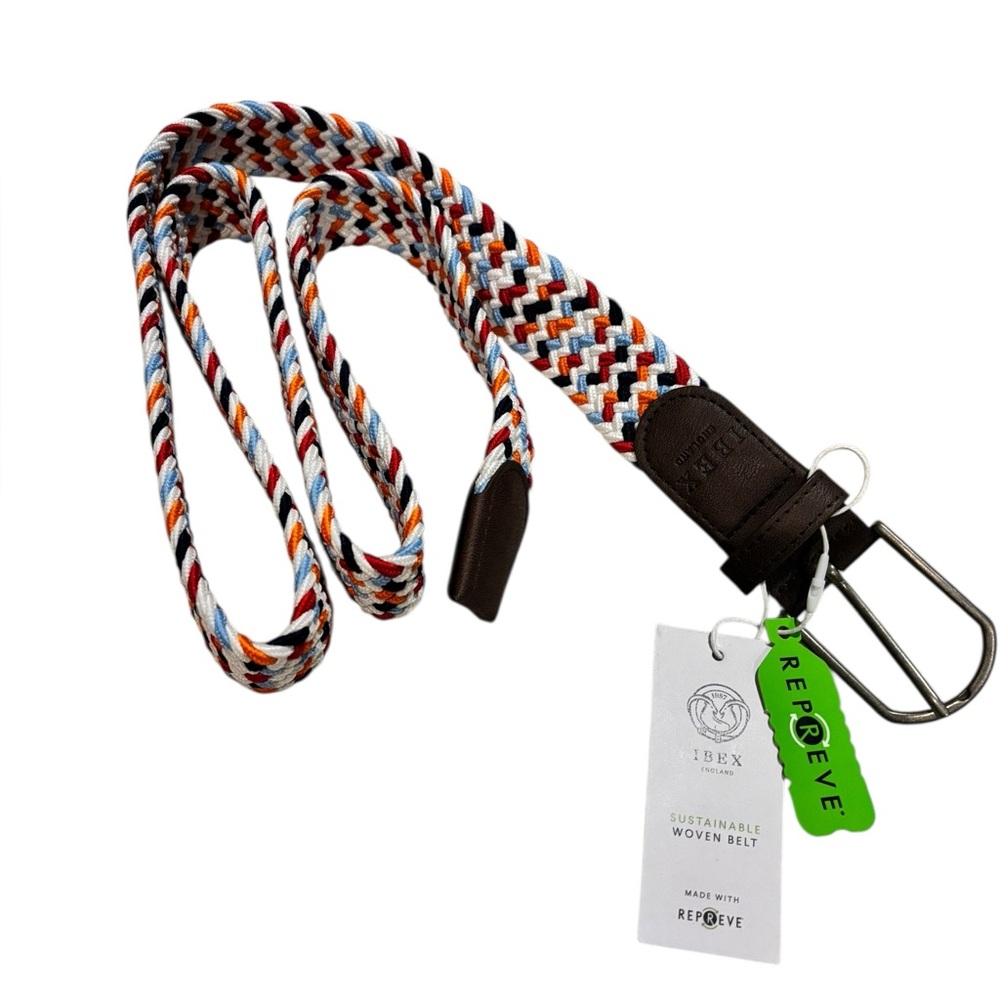 Ibex Vibrant Woven Stretch Belt with Leather Accents from recycled bottles Sz XL